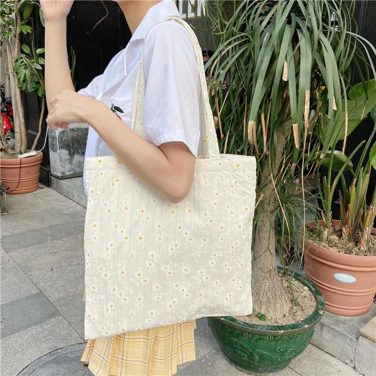 Image of Women's Floral Embroidered Tote Bag with Pocket flowers embroidery crossbody shoulder bag beach cute handbag canvas