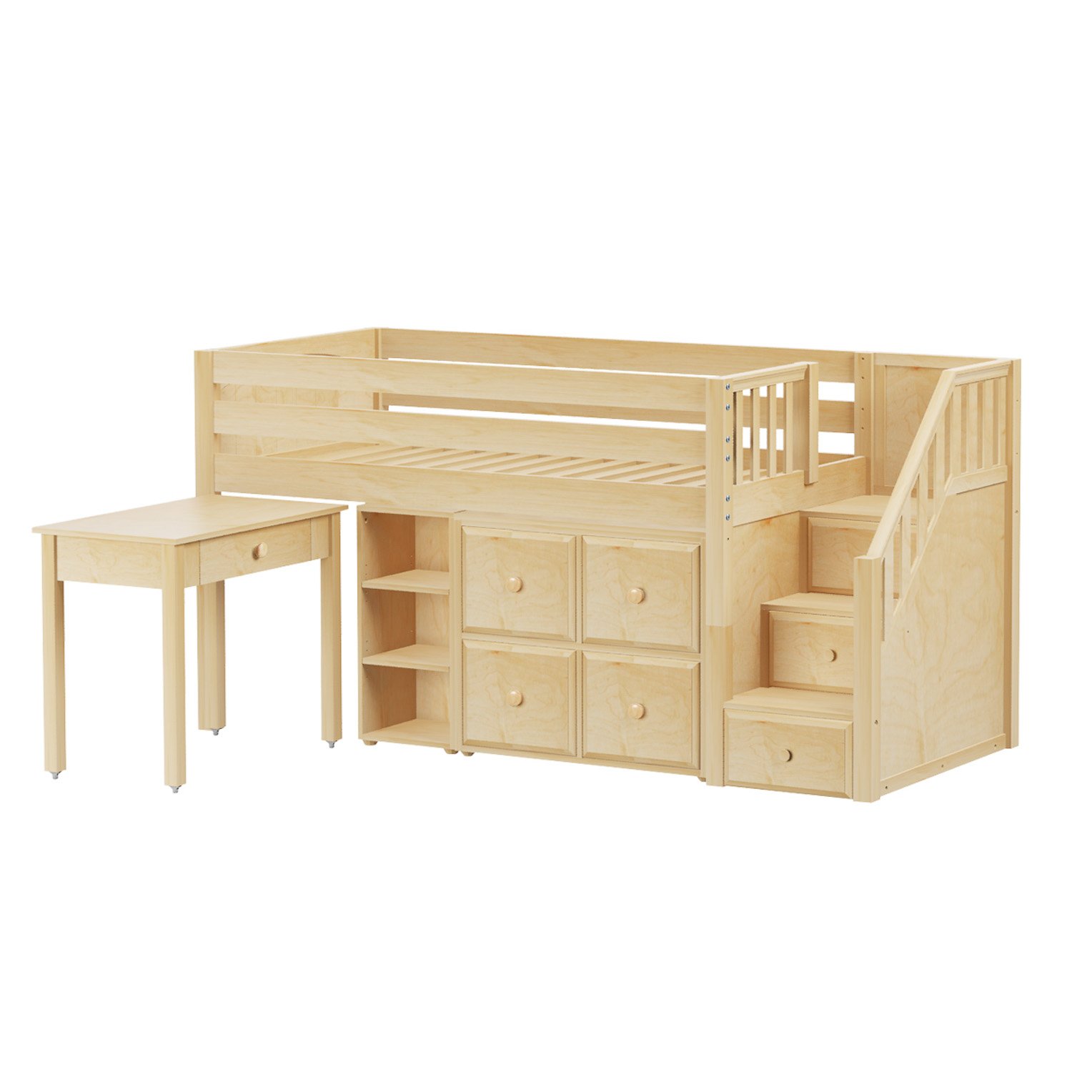 MaxtrixSolid Hardwood Twin-Size Low Loft Bed with Storage Staircase Entry, Cube Dresser, Bookshelf, and Study Desk, Natural