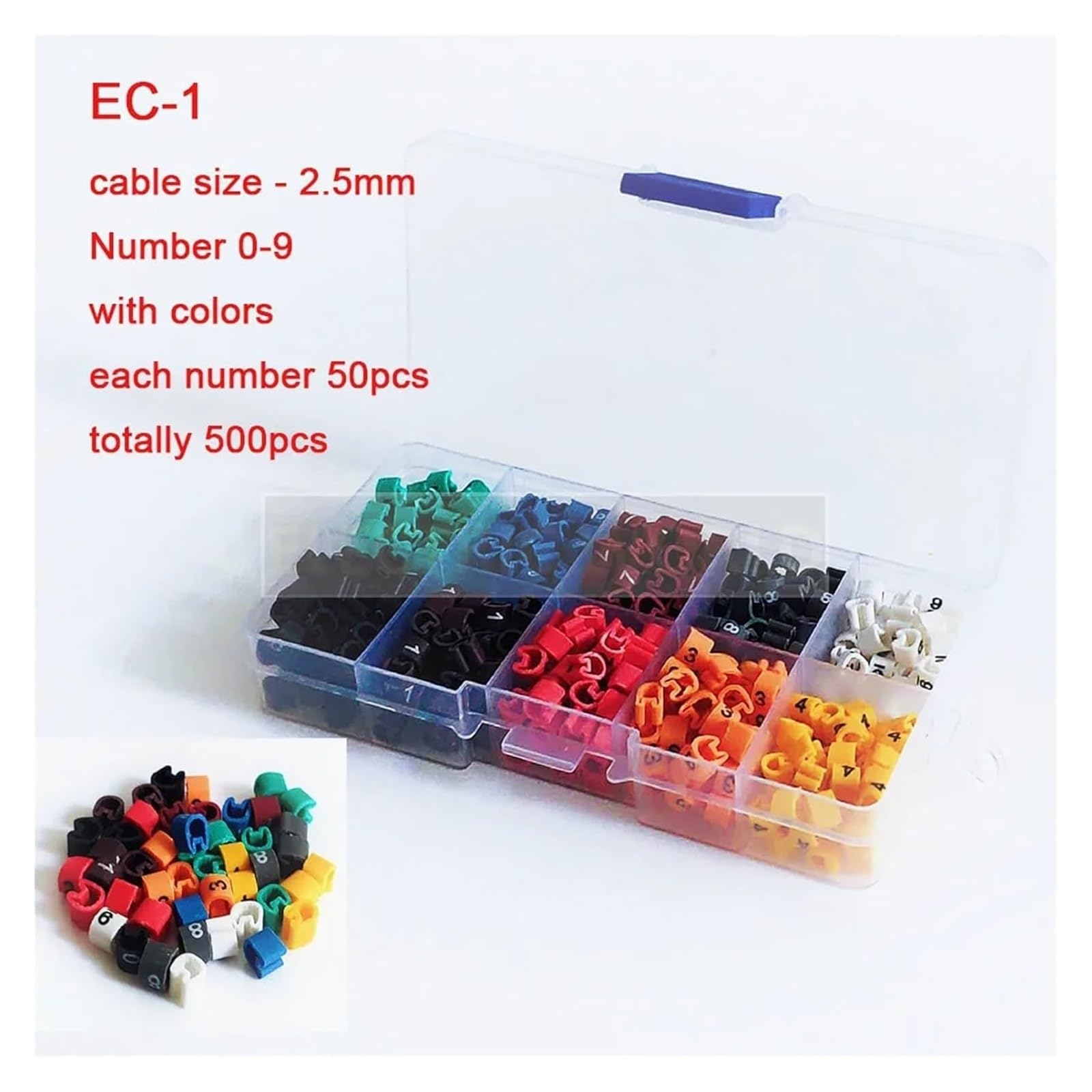 Kabelkennzeichnung, Kabeletiketten EC-0 EC-1, 500 Stück, Markierungsnummern 0 bis 9, farbige 2,5 mm² große isolierte PVC-Kabelmarkierungsetiketten(Ec 1 500pcs 0 9)