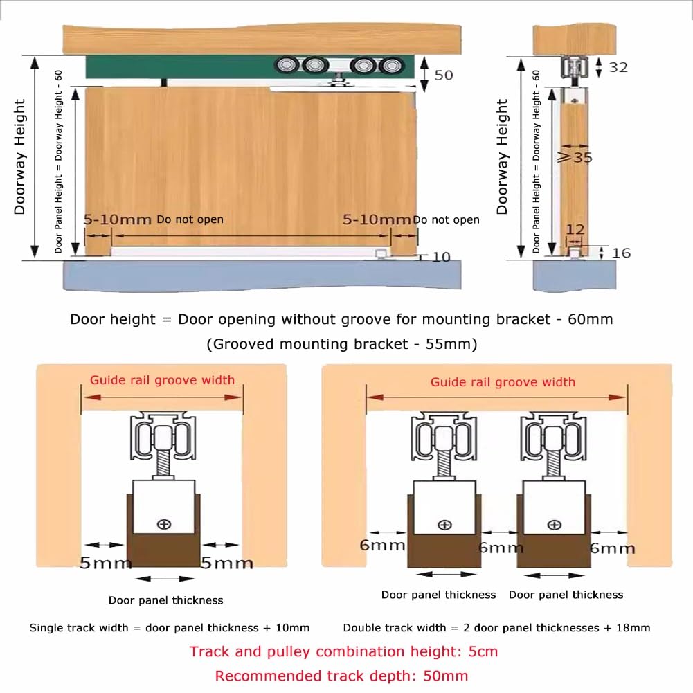 Kit de riel de puerta corredera de techo doble, sistema invisible de puerta corredera para armario, muebles, riel de aluminio y rodillos de acero, kit de herrajes de funcionamiento suave