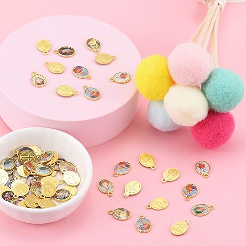 Vista 4 de 100 dijes de aleación de oro con diseño de Jesús esmaltado con medalla milagrosa de Nuestra Señora, Rosario floral, centro de crucifijo de Virgen