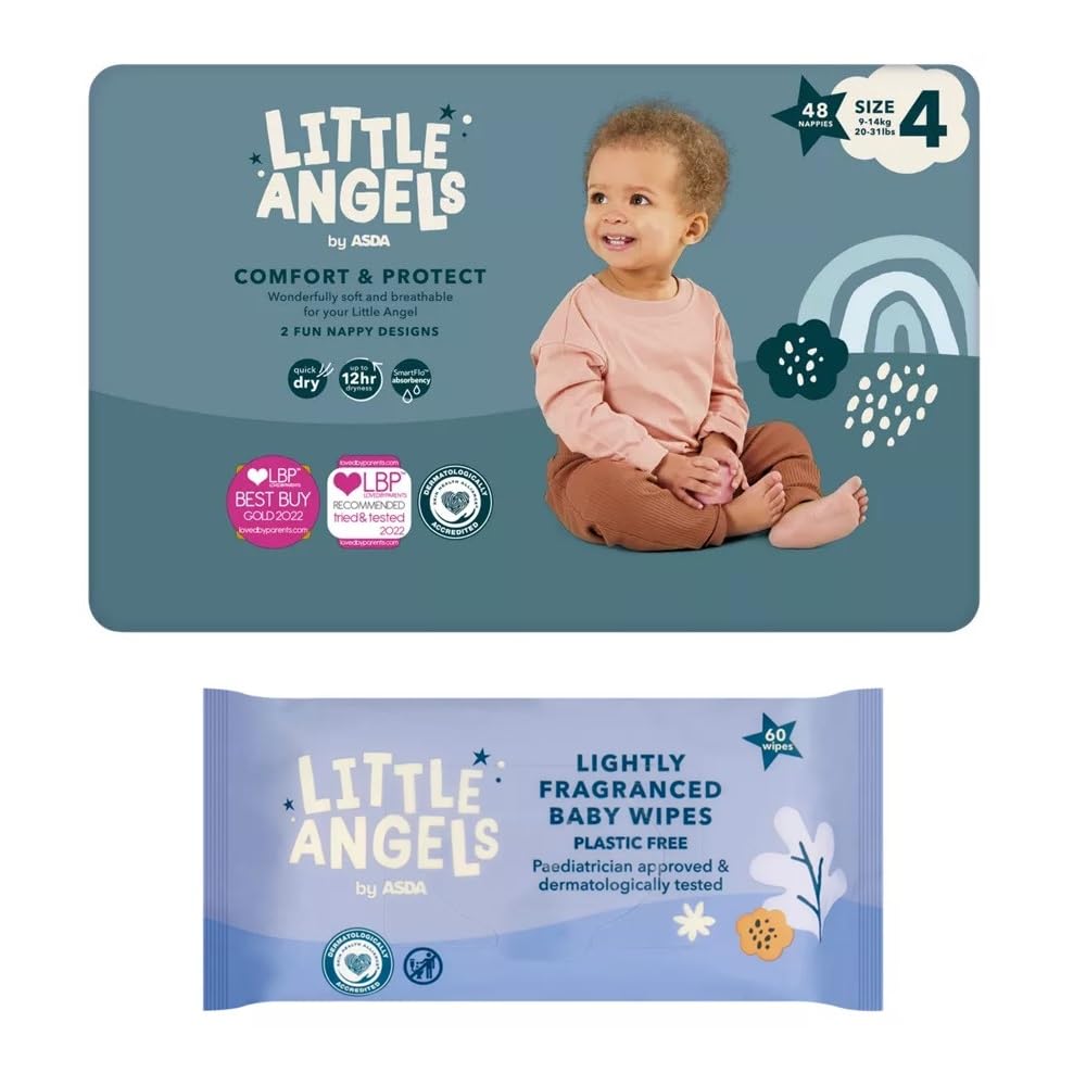 Little Angels Size 4 Nappies 48 Pack + 60 Lightly Fragranced Baby Wipes