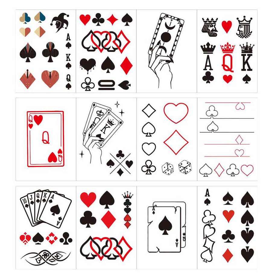 Poker Temporary Tattoos,60 Pcs Small Red heart Plum Blossom Spades Block Dice Playing Card Tattoo for Adult Women Men Decor,Casino Game Night day Gift,Bachelorette Girls Birthday Party Decorations 486