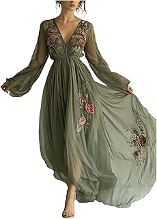 Women's Trendy Floral Print Maxi Dress Elegant Sexy V Neck Long Sheer Sleeve Cinched Waist Smocked Flowy Long Dress - Buy now