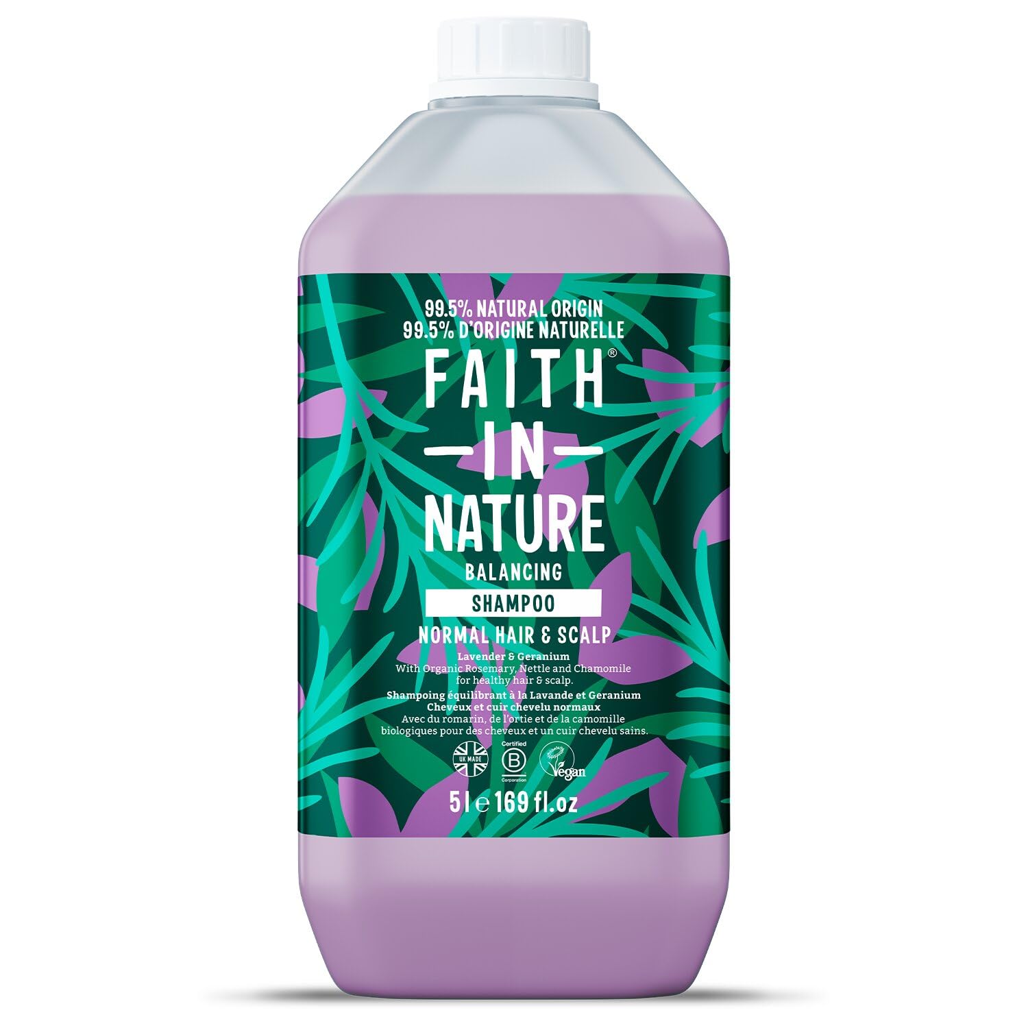 Faith In Nature Natürliches Lavendel- & Geranium-Shampoo, ausgleichend für normales Haar und Kopfhaut, vegan & tierversuchsfrei, ohne SLS, Silikone oder Parabene, 5-Liter-Nachfüllpack