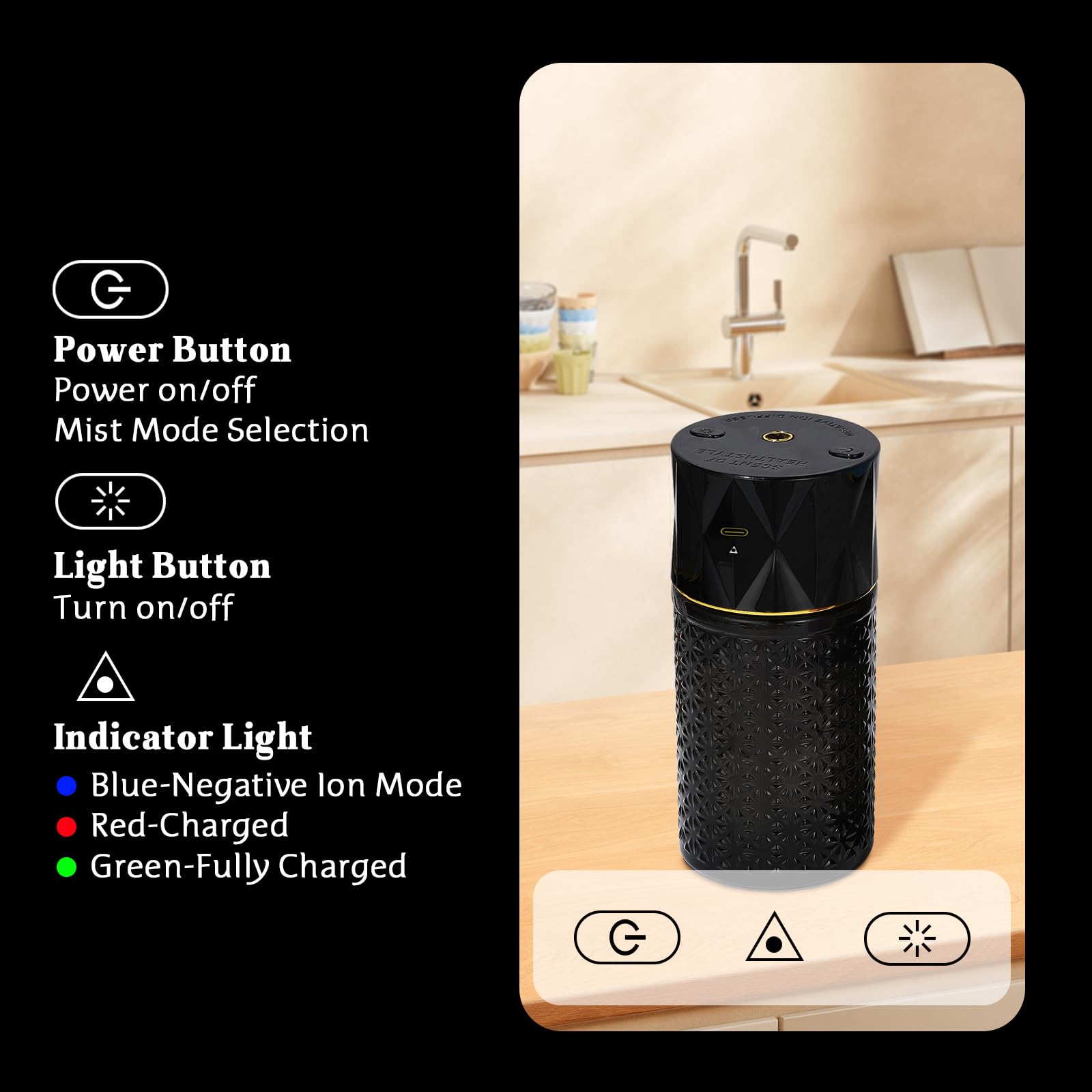 Ikeda Diffusor für ätherische Öle, 250 ml, Öldiffusoren für Zuhause, Auto, ätherisches Öl, negatives Ionenspray mit Duft (schwarzer Sprüher + schwarze Flasche, Ebenholzduft)