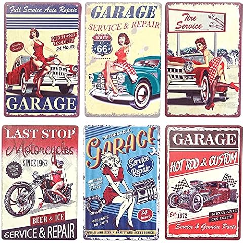 Okuna Outpost 6 Pack Vintage Metal Signs for Retro Garage Wall Decor, 6 Designs (8 x 11.8 In) Cover