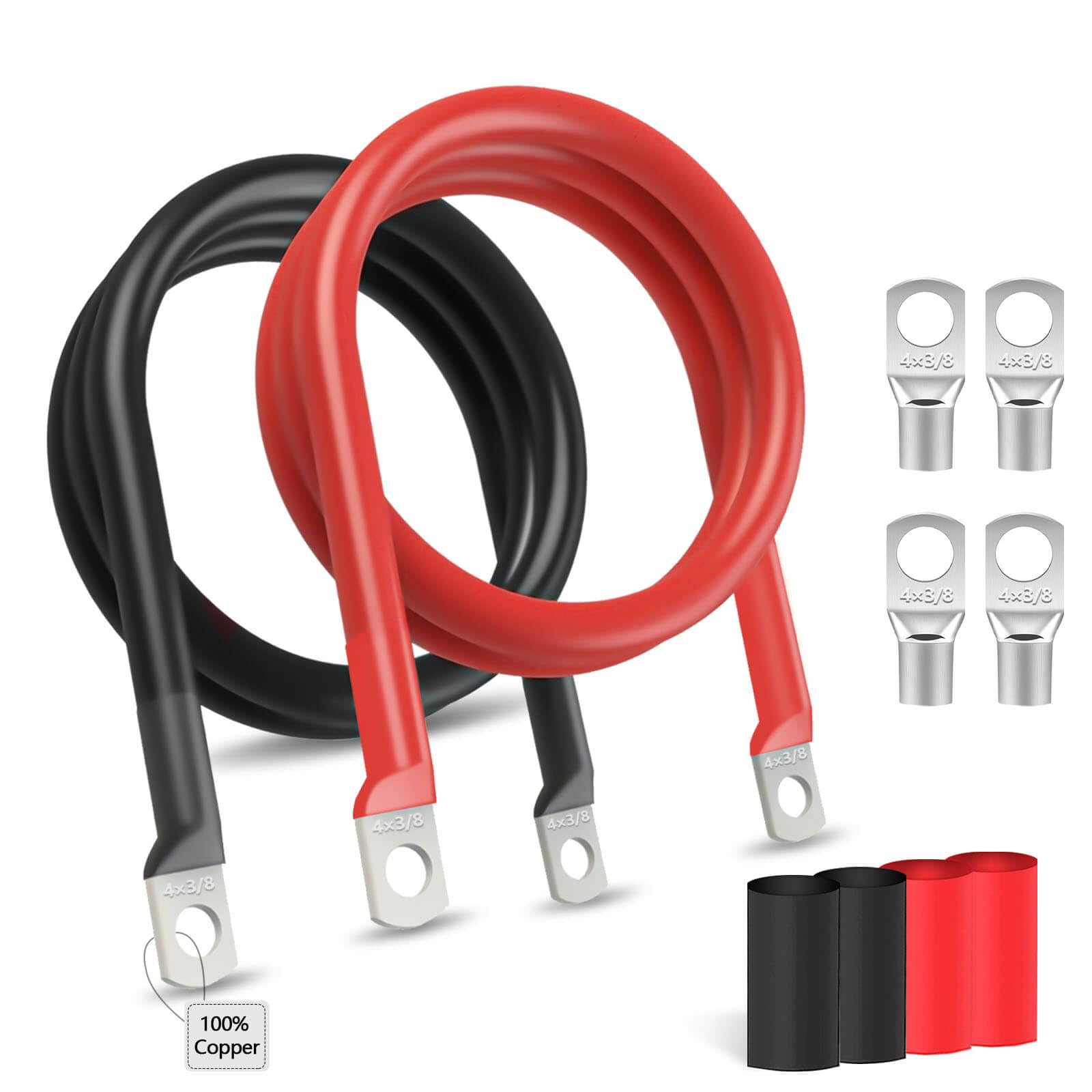 GNI Battery Cable, Heavy Duty 4 AWG Battery Cables, 2 FT Pure Copper Solid 4 Gauge Battery Cable, 4PCS 3/8'' Tinned Copper Lugs+ PVC Insulated Sealed Heat Shrink Tubes, for Car,Solar,Marine,Truck,RV