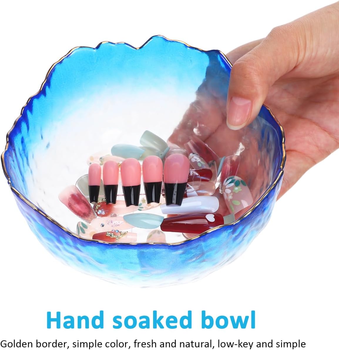 LALAFINA Glass Manicure Soaking Bowl Nail Soak off Bowl 9 Inch Pedicure Salon Bath Nail Remover for Fingernail Toenail Caring Polish Removal, Blue