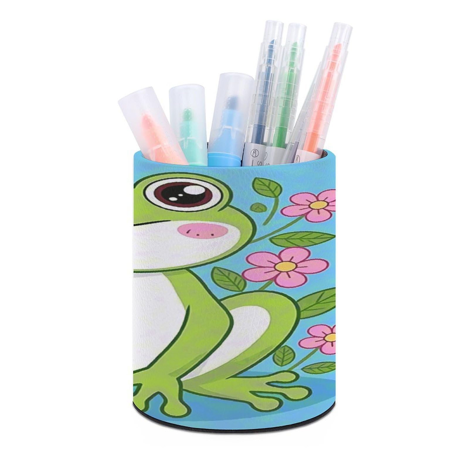VstaDank Frog Pen Holder Round Pencil Holder Cup Pen Container PU Leather Desk Organizer Stand Decor Brush Scissor Holders Decoration Office Desk Home (3.1 X 3.9 Inches)