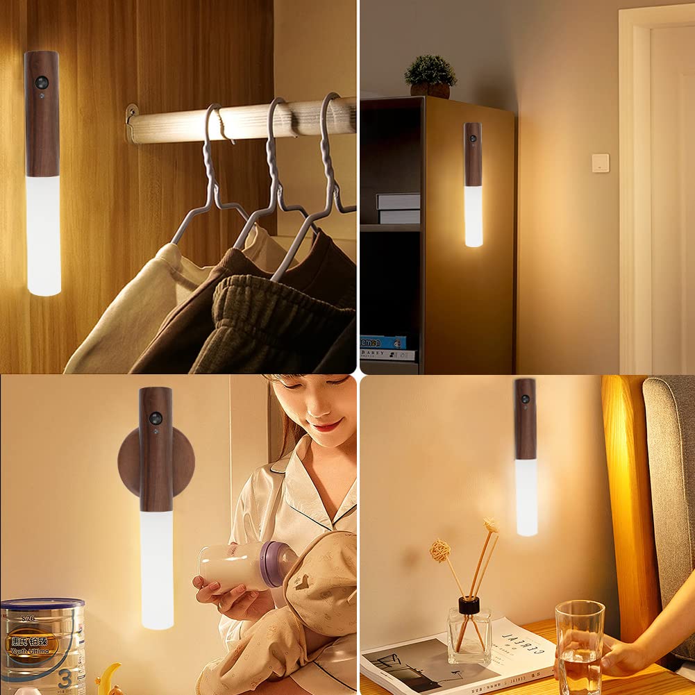 2 Piezas Luz de pared de Madera, luz Nocturna Interior con Sensor de Movimiento, luces de pared Magnéticas Recargables con Interruptor para Dormitorio, Pasillo, Escalera (Nogal)