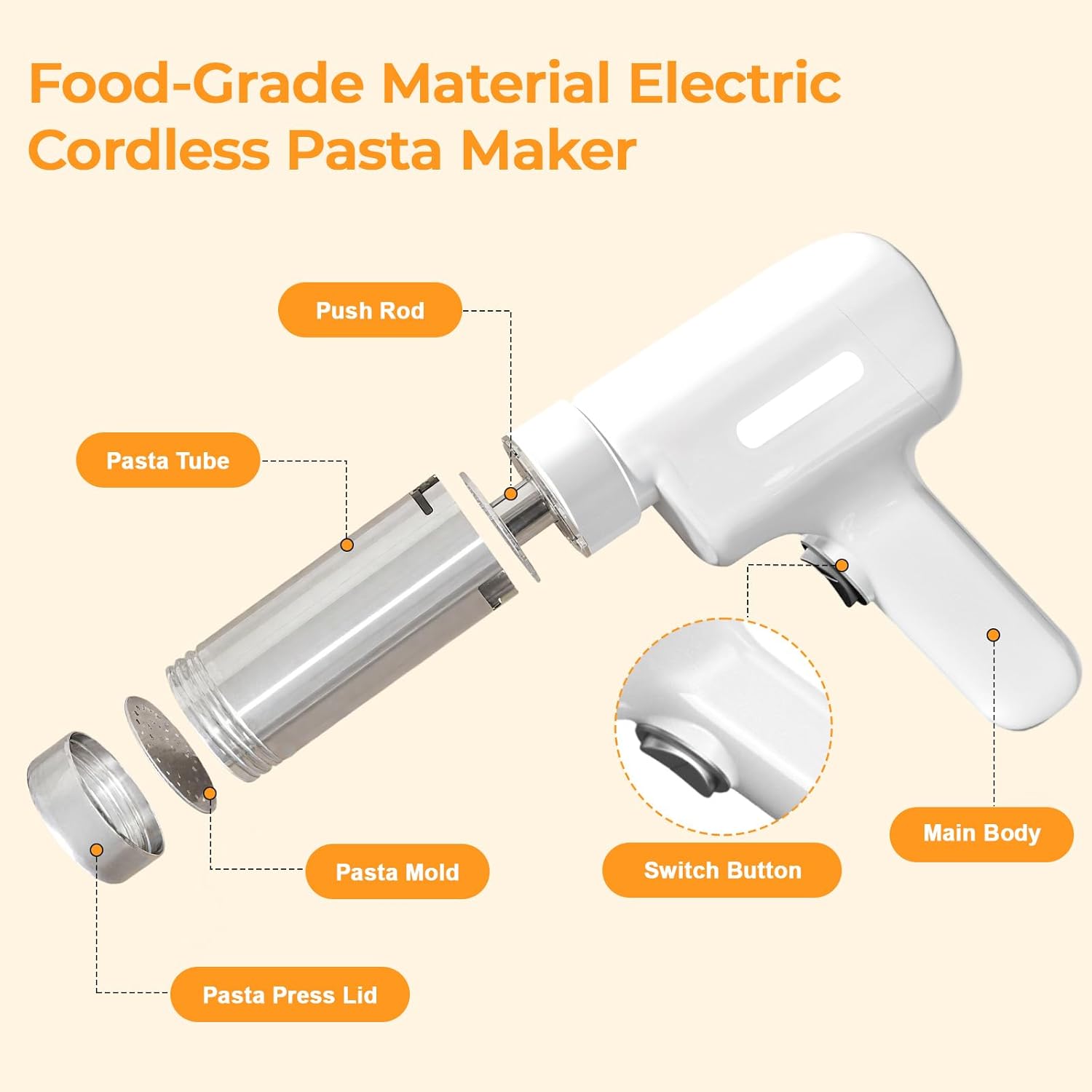 Handheld Electric Pasta Maker, 5-in-1 Cordless Noodle Machine with Molds and Dough Cutter, Portable Automatic Dough Pressing Machine, Stainless Steel, Easy to Clean
