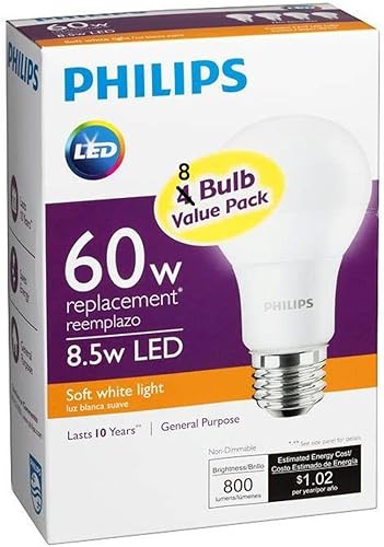Miniatura 1 de Philips Bombilla LED no regulable A19 esmerilada 800 lúmenes, 2700 Kelvin, 8.5 vatios (equivalente a 60 vatios), base E26, blanco suave, paquete de 2