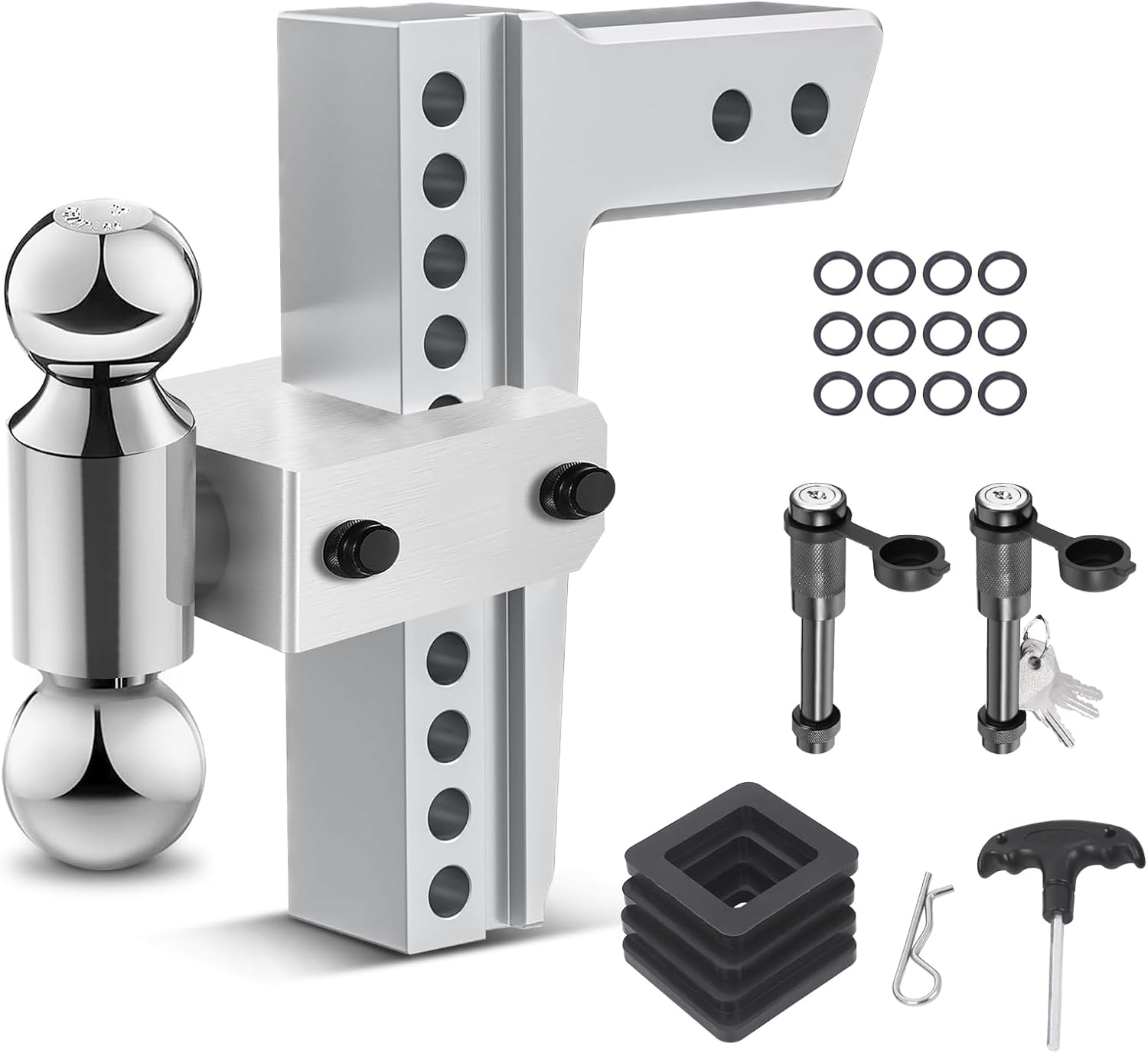 Adjustable Trailer Hitch for 2.5” Receiver, 12,500 LBS GTW Aluminum - 10” Drop/Rise with 2-inch and 2-5/16 inch Dual Ball, w/Anti-Theft Lock & Tow Hitch Tightener Silver