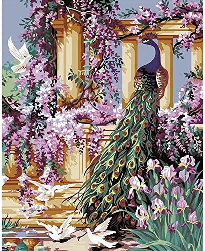 Tonzom Wooden Framed Paint by Number Kits DIY Canvas Oil Painting for Kids, Students, Adults Beginner – Peacock and Flower 16x20 inch with Brushes and Acrylic Pigment