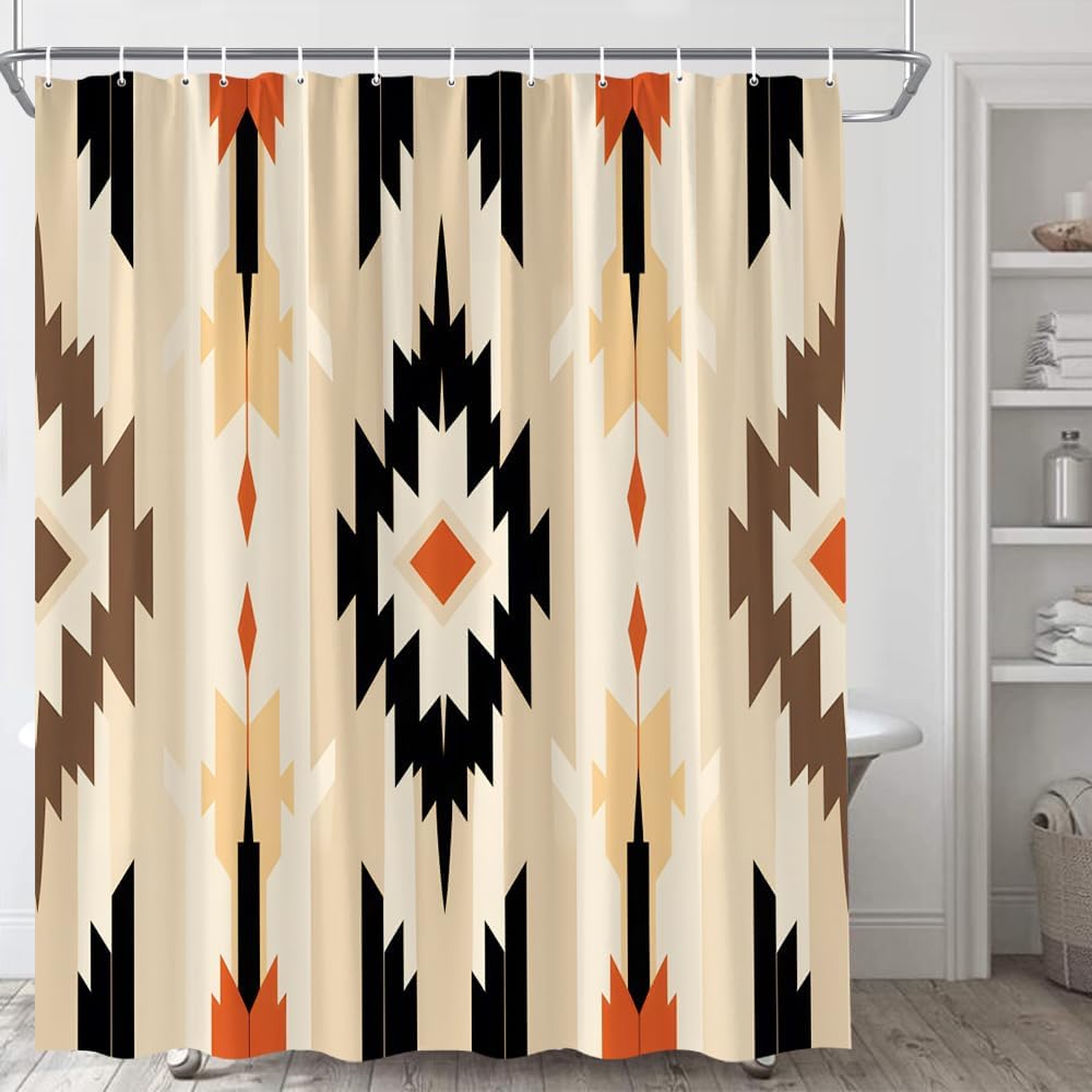 Southwestern Shower Curtain Southwest Native American Pattern Tribal Navajo Boho Abstract Western Aztec Geometric Beige Black Brown Mid Century Vintage Pattern Fabric Bathroom Curtain Set with Hooks