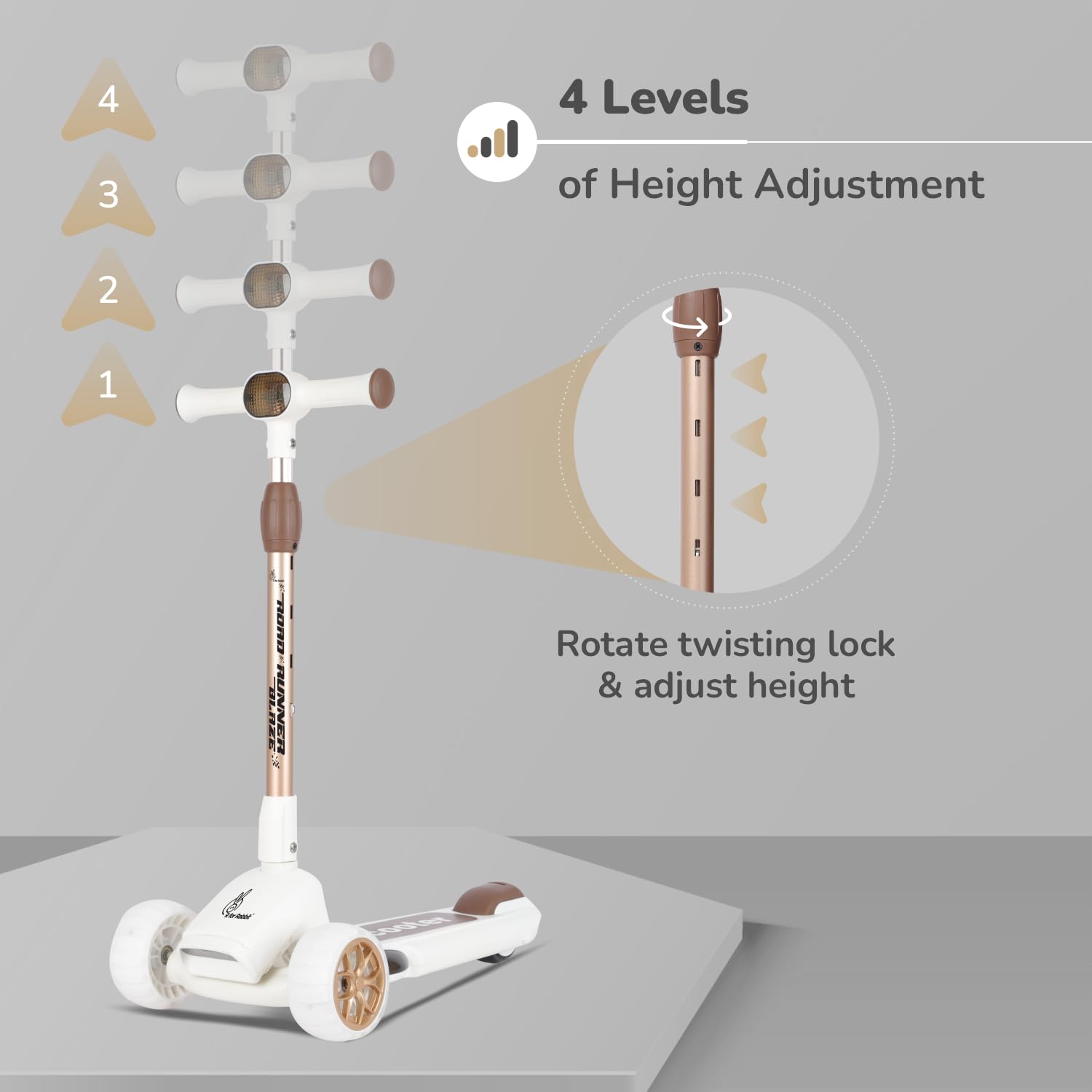 R for Rabbit Road Runner Blaze Foldable Kick Scooter for Kids with 4 Level Adjustable Height, PU LED Wheels, Lights and Music for 3+ Years Baby Boy & Girl of Upto 75kg Weight (Cream Gold) - Image 4 thumbnail