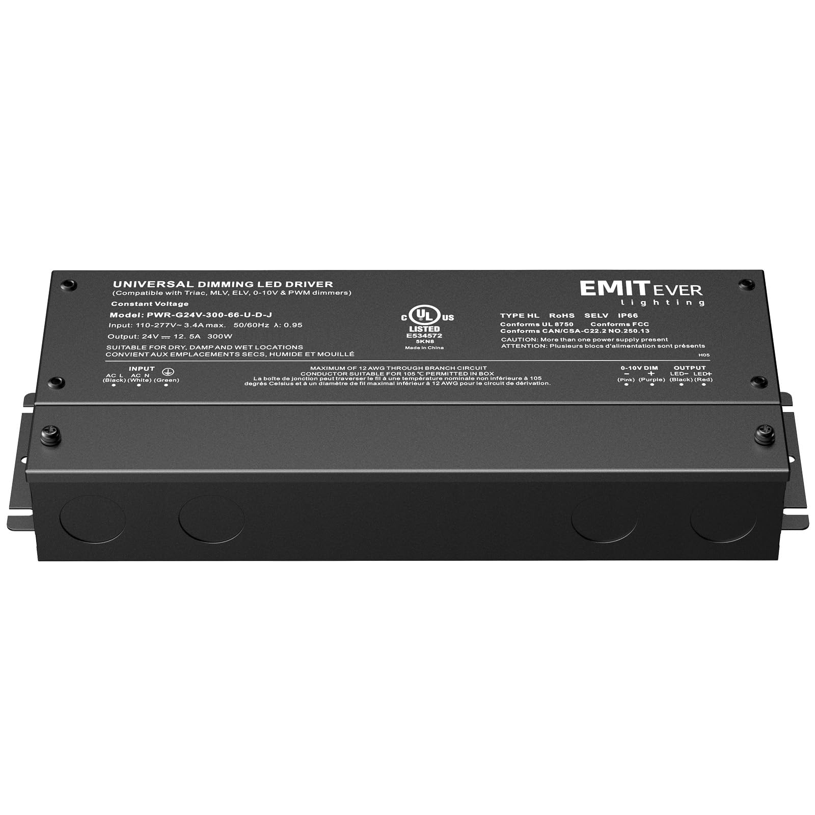 EMITEVER Driver LED dimmerabile 300W AC 110V-277V a DC 24V Trasformatore 5-in-1 Dimmerabile: ELV/MLV/TRIAC/0-10V/1-10V/10V PWM/potenziometro impermeabile IP67 e UL elencati