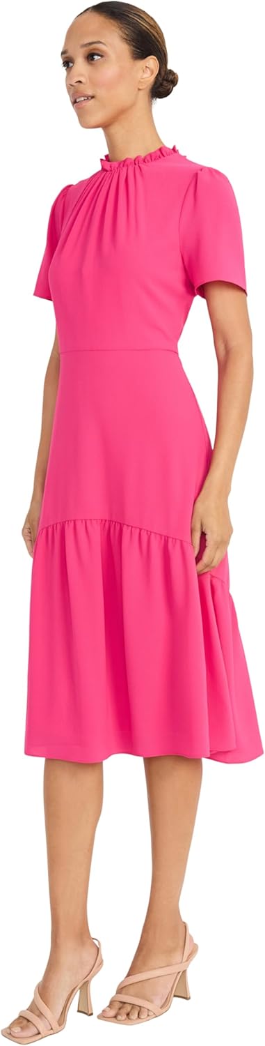 Maggy London Womens Women's Elegant Ruffle Mock Neck Short Sleeve Midi A-line Cocktail - Special Occasion Wedding Guest Dress - Image 2