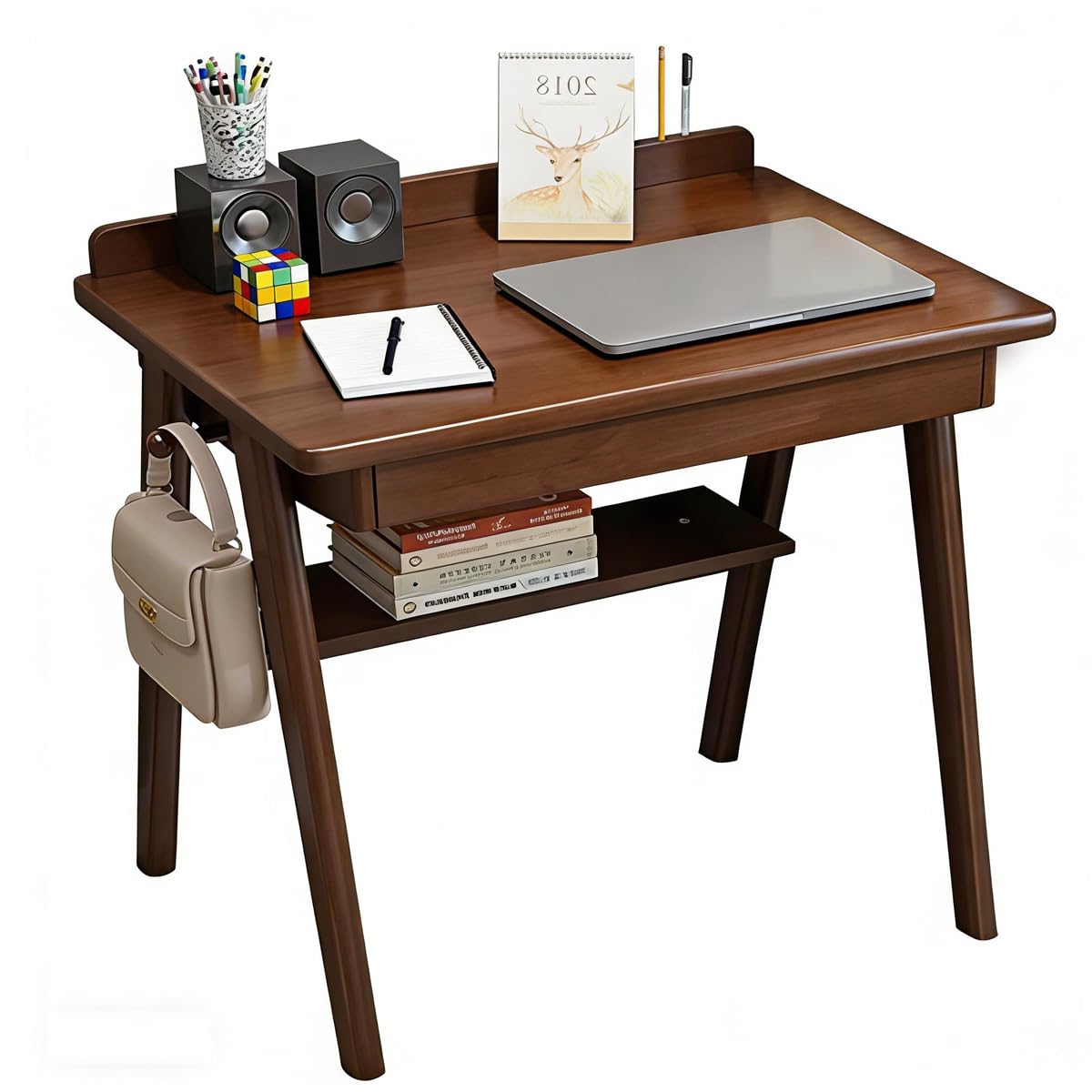 Scrivania in legno massello con 2 cassetti e ganci, scrivania per computer per casa e ufficio metà secolo, scrivania per studenti e studio, tavolo con ripiano portaoggetti per camera da letto