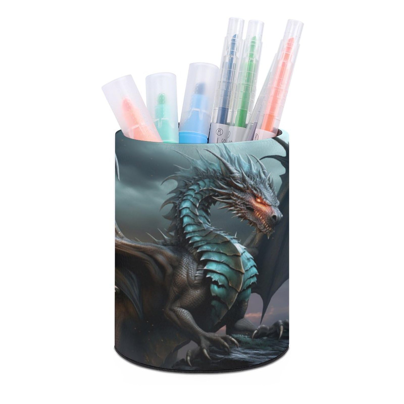 JTREHY Round Pen Holder,Cool Dragon Printed Makeup Brush Storage Box Desktop Stationery Storage Cup Office Accessories Storage Box Pencil Storage Box for Home Office Dressing Table