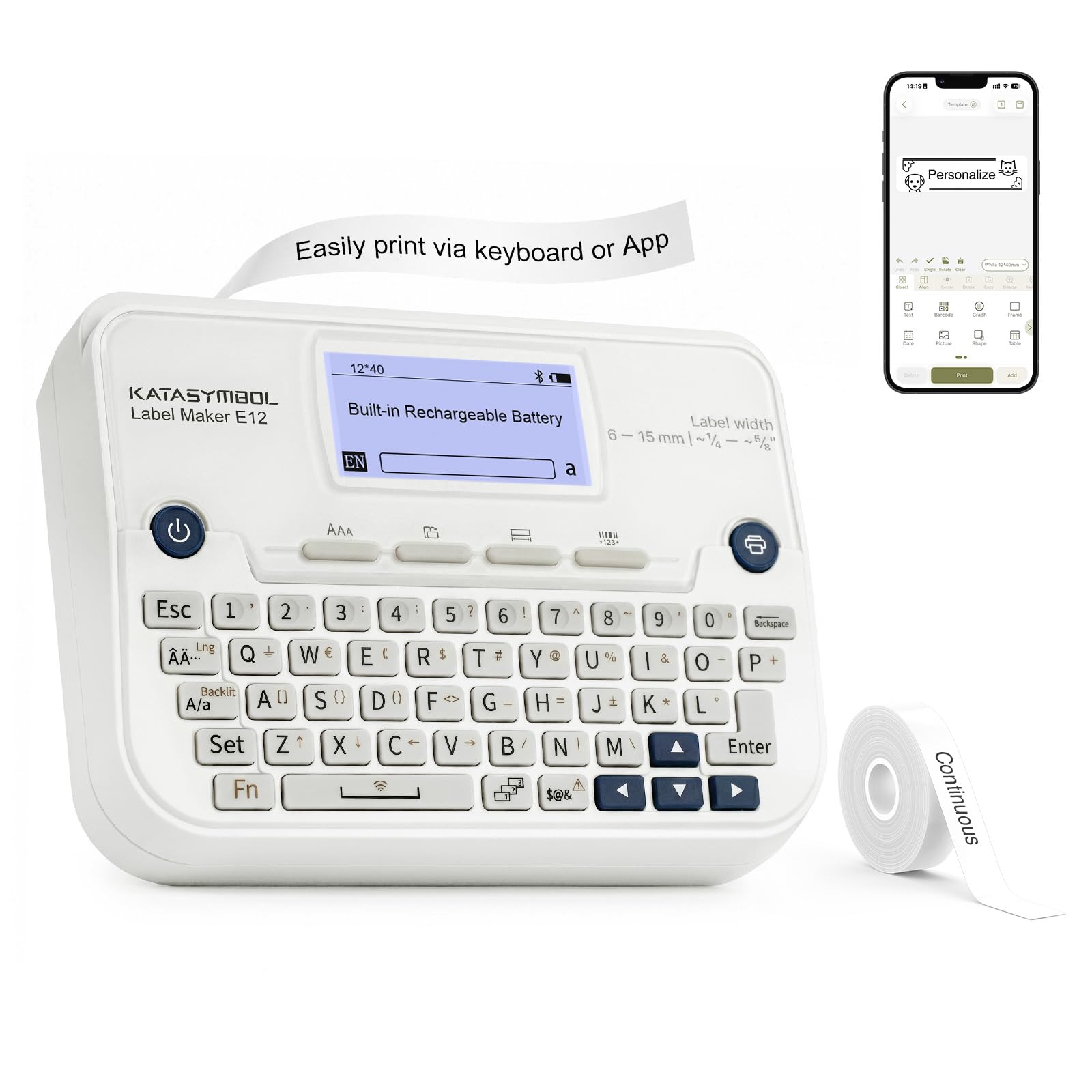SUPVAN E12 drukarka etykiet, z klawiaturą QWERTZ i podświetlanym wyświetlaczem LCD, obsługa Bluetooth, urządzenie do etykietowania z 1 rolką wodoodpornych etykiet samoprzylepnych do biura, szkoły i