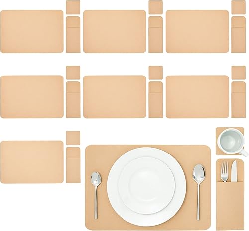 Juvale Juego de 8 manteles individuales de fieltro para mesa de comedor y decoración de cocina con posavasos y bolsas para cubiertos (beige, 24