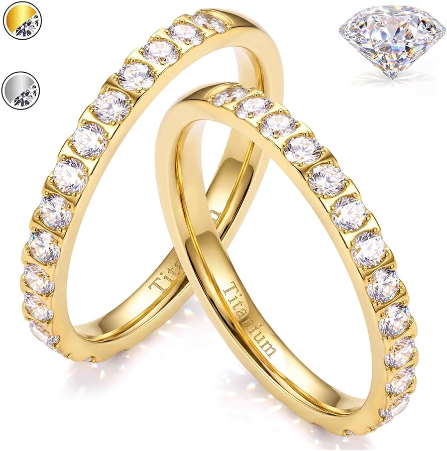 GEMQUEEN 2 PCS Titanium Moissanite Rings for Women Full/Half Eternity Ring