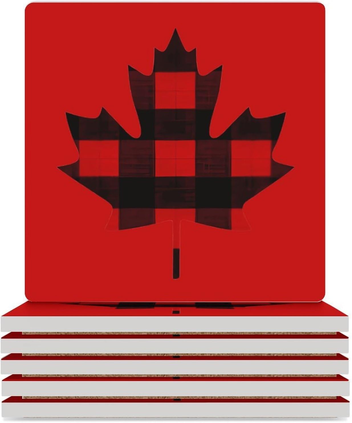 Maple Leaf in Plaid Funny Ceramic Coasters for Drinks Absorbent Cup Holder Tabletop Protector with Cork Base
