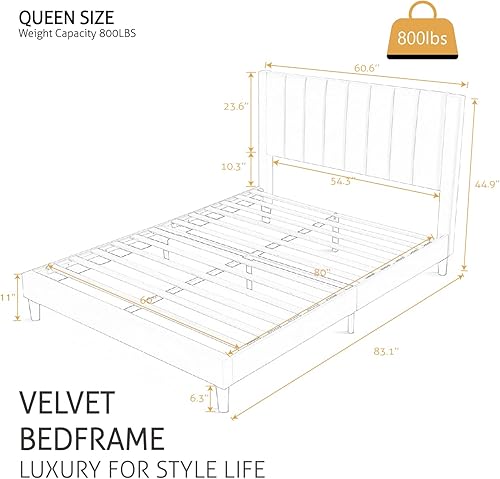 Miniatura 2 de SHA CERLIN Marco de cama Queen con plataforma tapizada de terciopelo con cabecero, soporte de listones de madera resistente, base de colchón, no