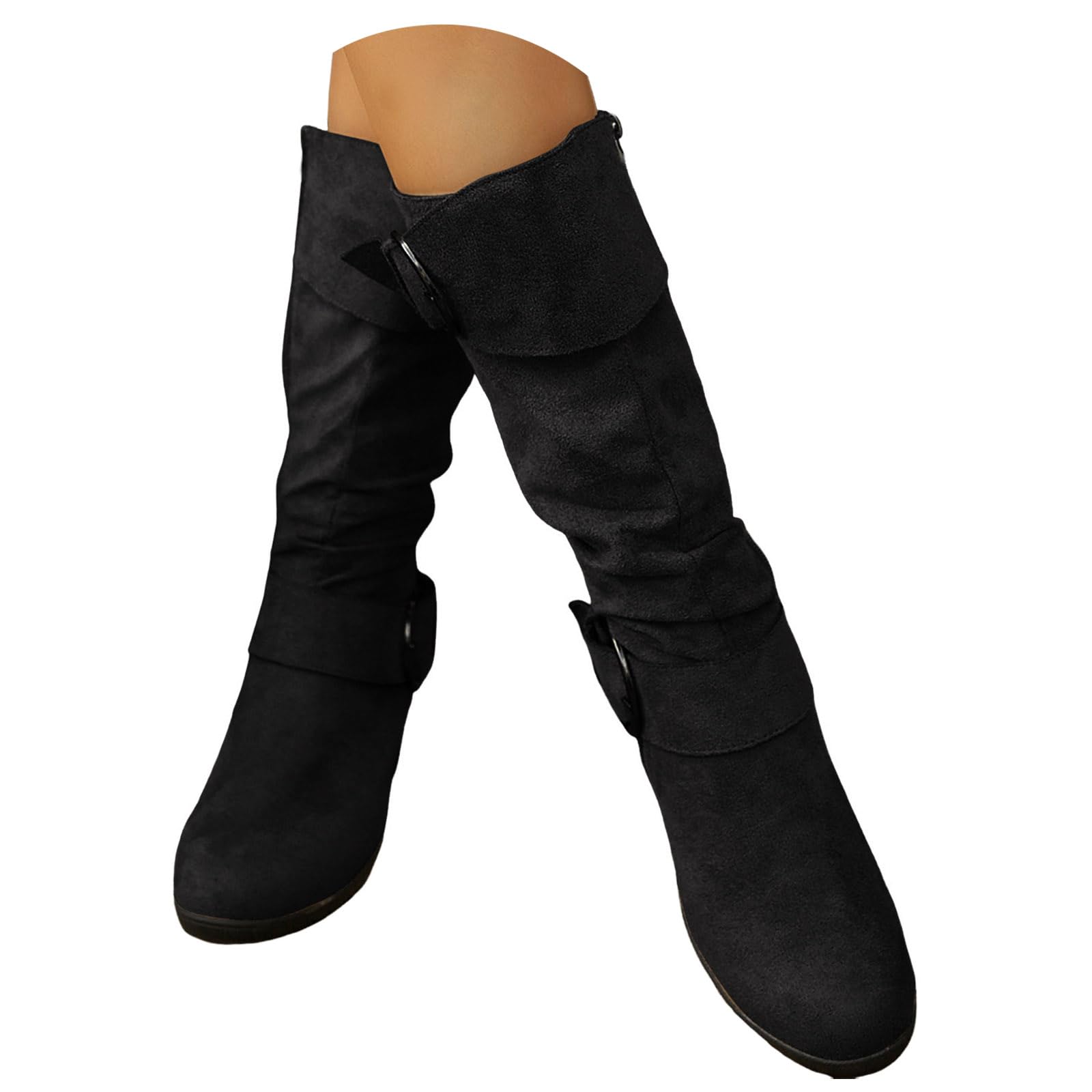 ZSpzx Women Suede Knee High Boots Wide Calf Wedge Chunky Heels Buckle Straps Solid Color Round Toe Slip