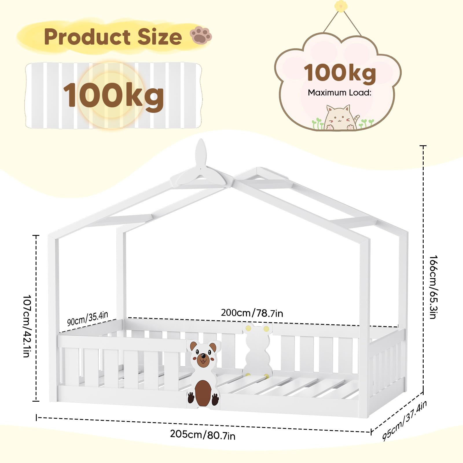 Cama Casa Infantil con Techo 205x95cm, Cama Montessori Blanca a RAS de Suelo en Madera Maciza Pino, Barreras de Seguridad, 100kg de Carga, Baja para Niños Pequeños