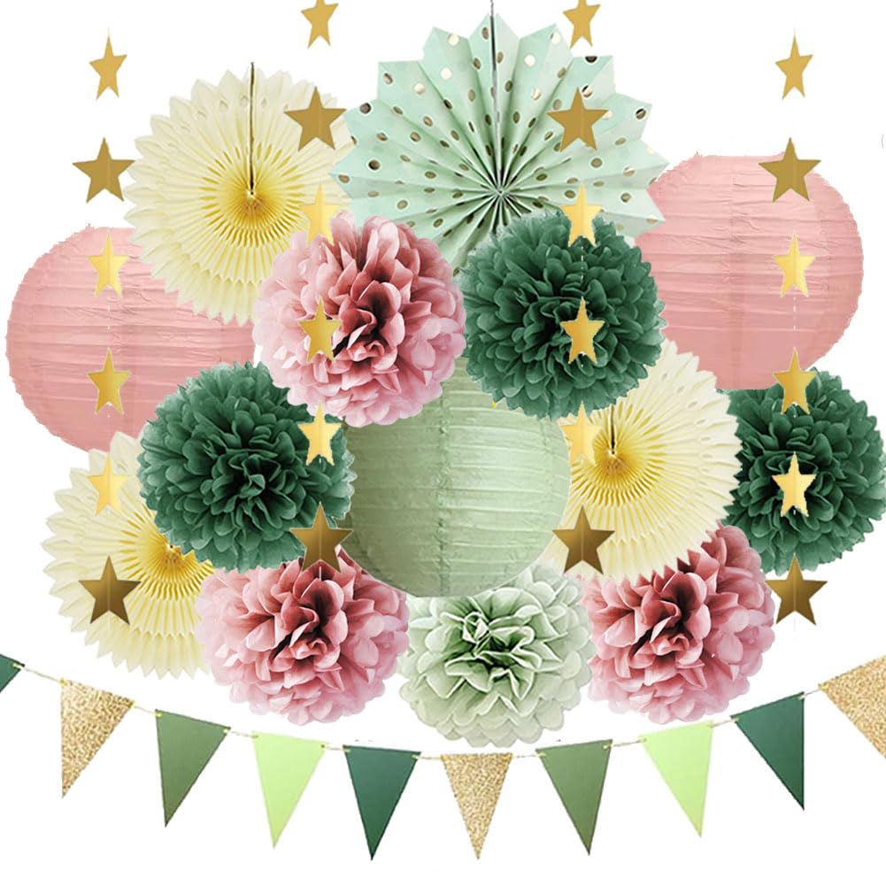 Sage Green and Dusty Pink Party Decorations Birthday Women Sage Green and Dusty Rose Party Decorations Dark Olive Poms Dusty Rose Lanterns Pastel Yellow Fans for Wedding Bridal Shower Baby Shower Girl