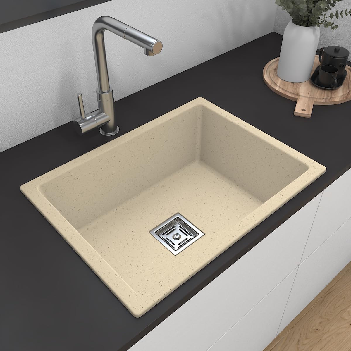 Hardstone Quartz Sink For Kitchen 24x18x8.5 IN – Cool Ivory Granite Kitchen Sink With Waste coupling & PVC Pipe | Smooth Finish, UV Protected, Top & Under Mount Sink | Sink With 10 Year Warranty