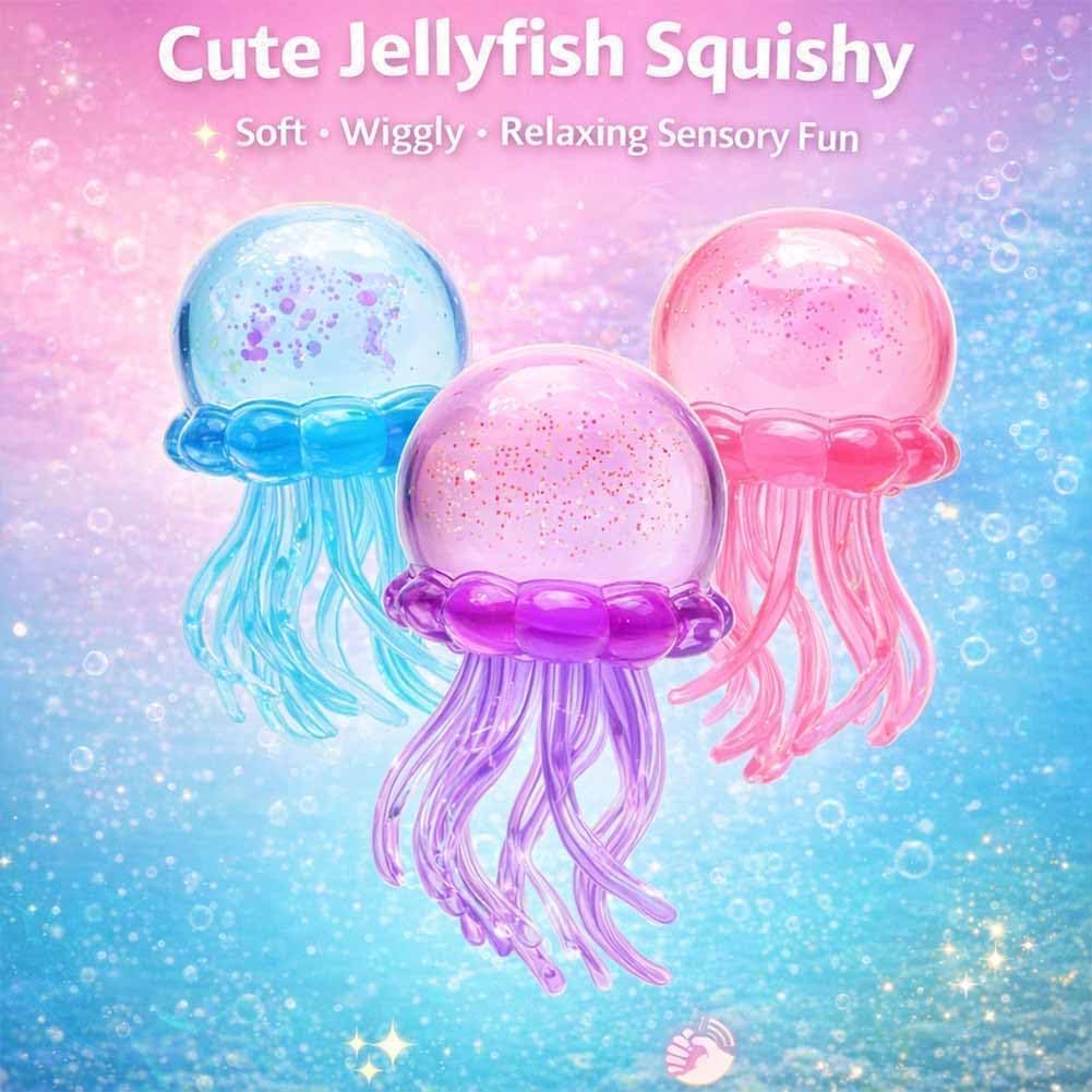 Glitter Jellyfish Squishy Toy, 2026 Stress Relief Fidget Toy for Kids & Adults, Soft TPR Sensory Toy with Wiggly Tentacles, Portable Anxiety Relief Squeeze Ball for Office, School (Blue) — view 3