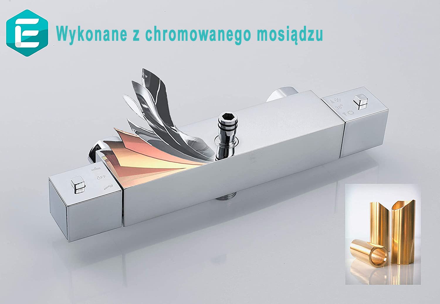System prysznicowy firmy ELBE ze stali nierdzewnej, z termostatem, deszczownicą, słuchawką prysznicową, kwadratową głowicą prysznicową 25 x 25 cm.