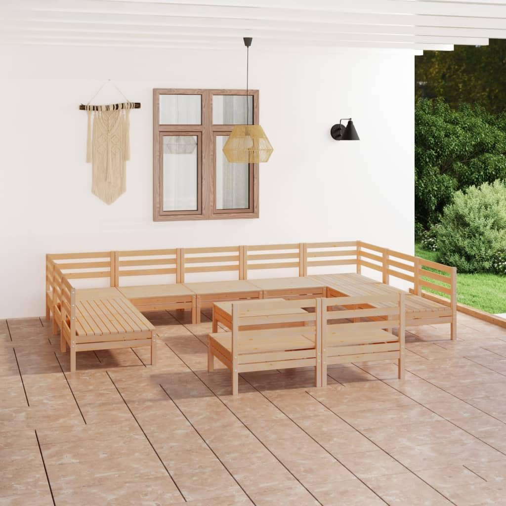 Set salotto da giardino in legno massello di pino 12 pezzi per relax e conversazione su terrazza, patio e veranda con tavolo, divani, sedie e pouf resistenti