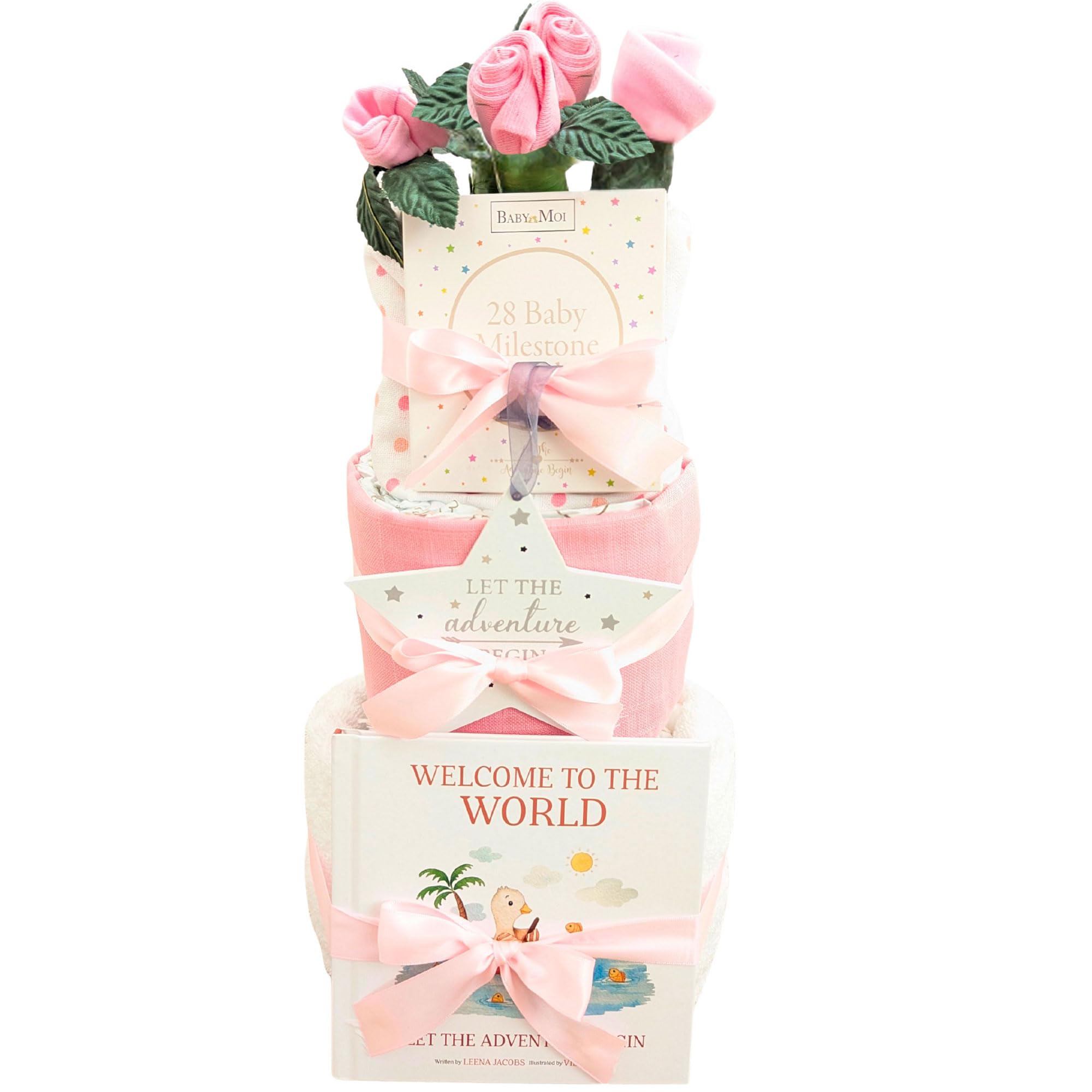 Pink Nappy Cake Baby Girl Gift – Newborn Baby Clothes, Nappies, Muslin Cloths, Milestone Cards & Nursery Plaque – Baby Shower Maternity Gift for New Parents