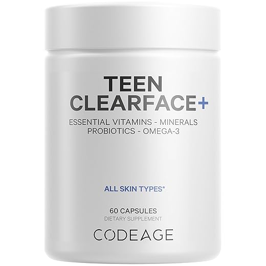 Codeage Teen Clearface Adolescent Face, Skin & Pimples, Vitamins A, C, D3, E, Pantothenic Acid, Niacin, Zinc Supplement Teenagers, Probiotics, L-Lysine, Omega-3, Oily Skin, Pores, Spots - 60 Capsules