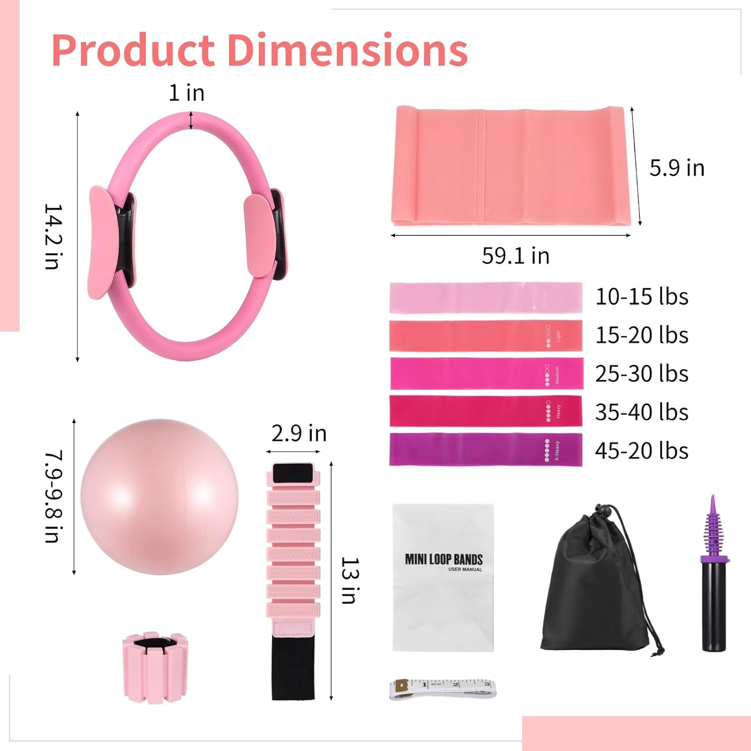 Pilates Ring Set for Home Workout, Total Pilates Equipment Kit, Includes Weights, Bands, Ball, and Tape Measure, Full Body Training for Yoga