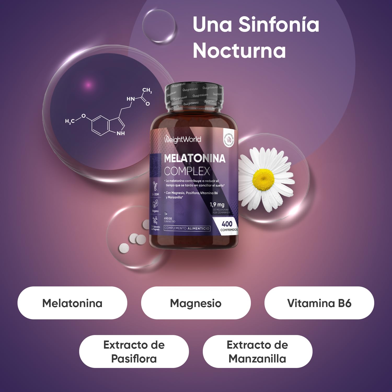 Melatonina 1,9 mg Complex con Magnesio, Vitamina B6, Pasiflora y Manzanilla - 400 Comprimidos de Liberación Prolongada para más de 1 Año de Suministro - Sin Gluten, Apto para Veganos