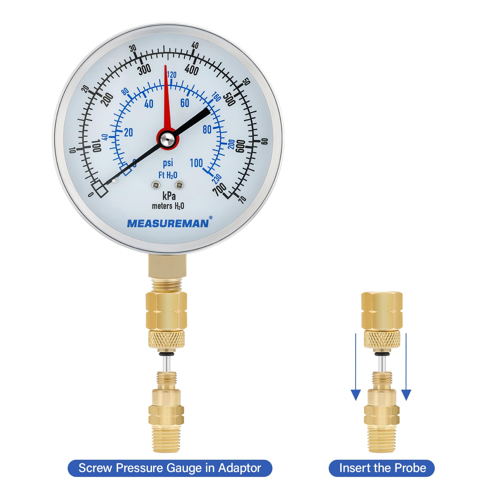 MEASUREMAN Kit de prueba de presión y temperatura, 0-100 psi/pies H2O/kPa/metros H2O, termómetro de -4 °F a 200 °F y -40 °F a 160 °F, fondo NPT de 1/4 pulgadas con adaptador de calibre