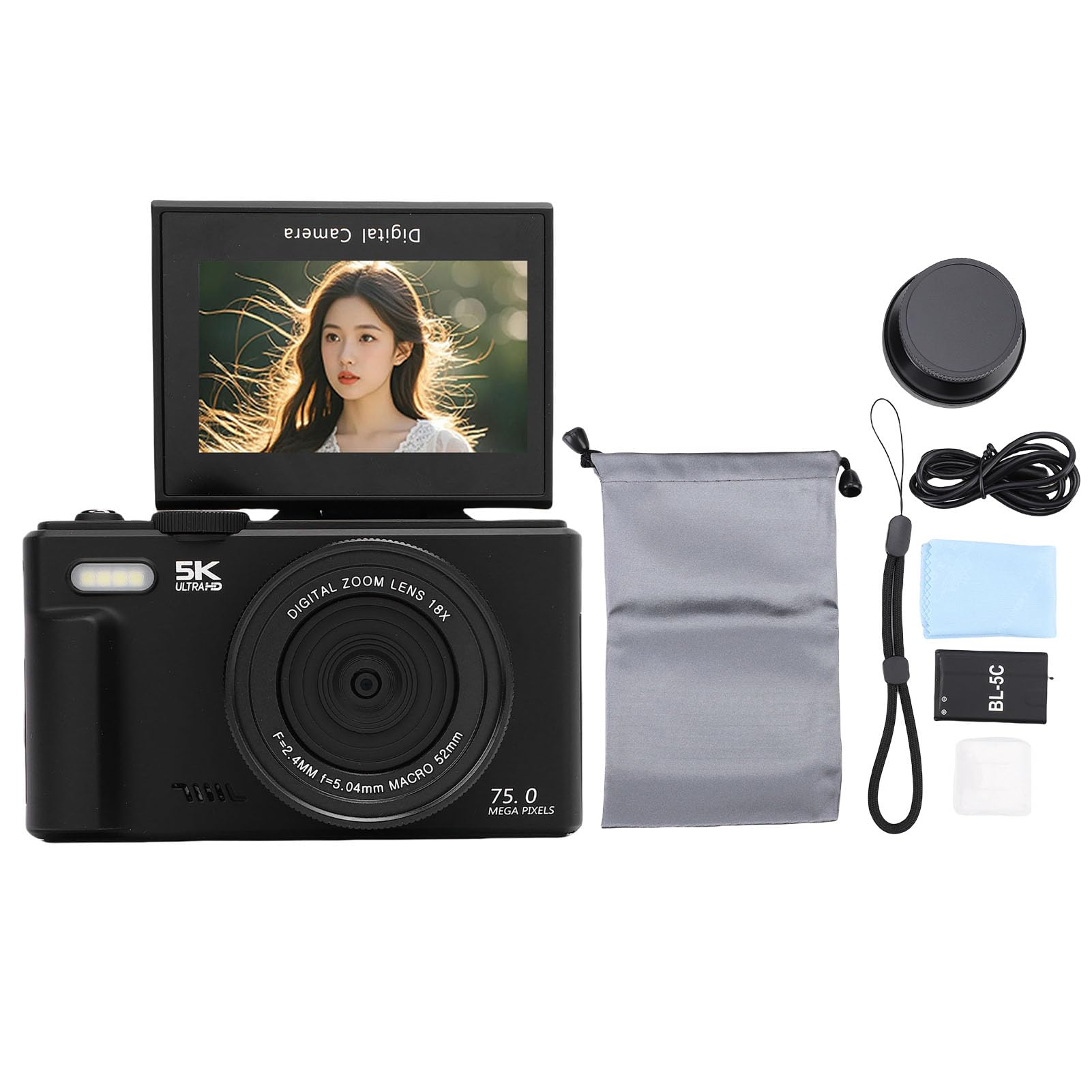 Fotocamera Digitale 5K, Fotocamera Vlog WiFi da 75 MP con Zoom 18X, da Viaggio con Schermo Ribaltabile da 3 Pollici a 180 Gradi, Luce LED per Selfie da Viaggio, Fotografia Vlogging (BLACK)