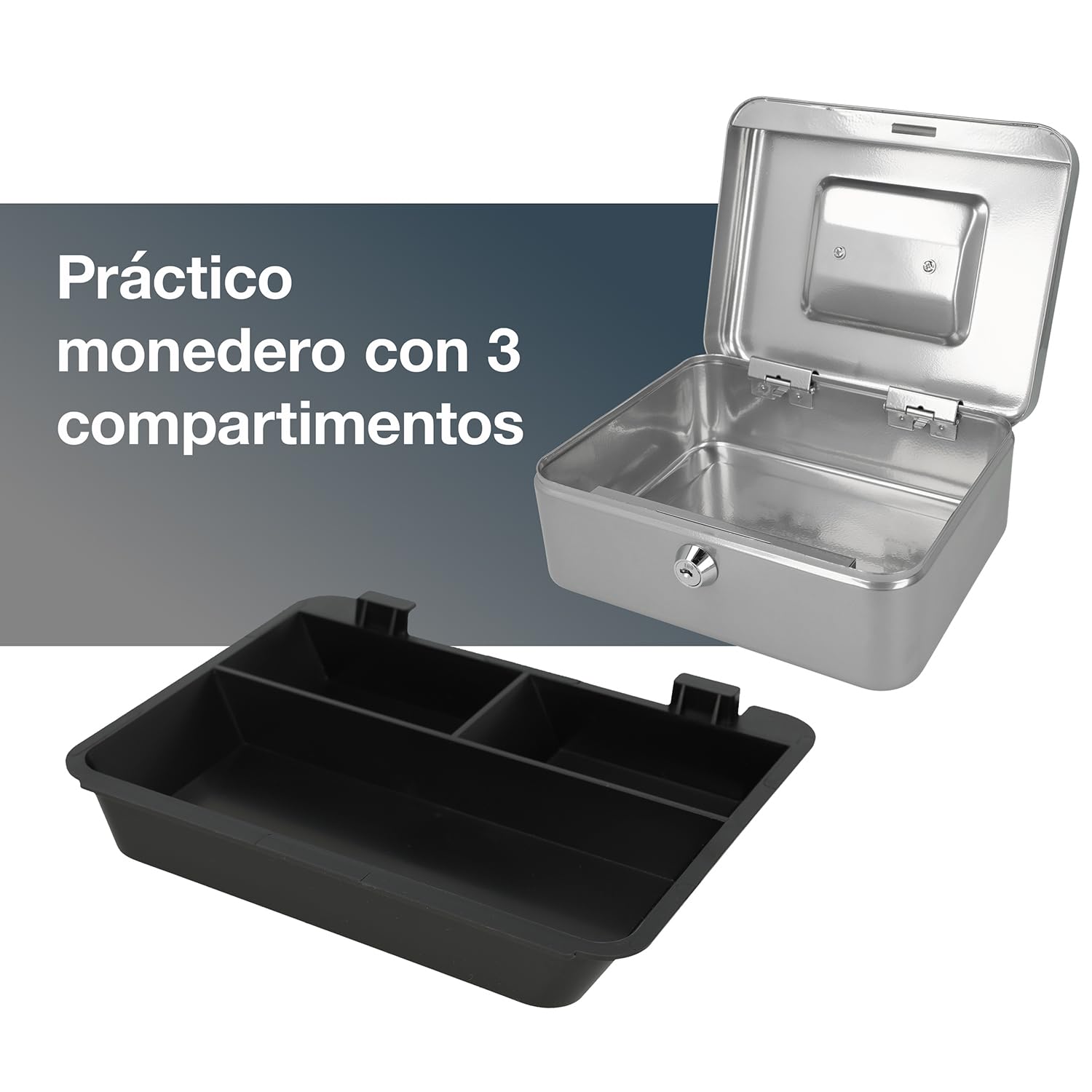 Westcott Caja de efectivo con cerradura (20 cm) plata | Caja con cerradura de chapa de acero con 2 llaves | Inserto extraíble para monedas con 3 compartimentos | E-51001 SILVER
