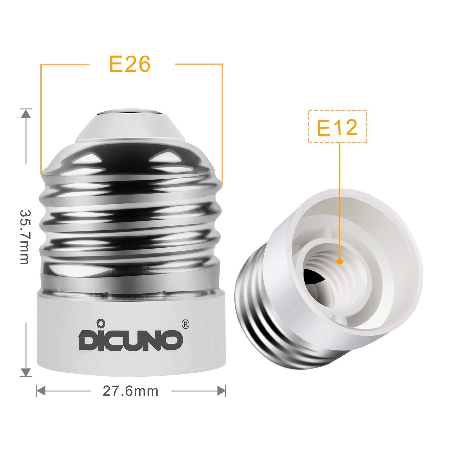 DiCUNO E26 to E12 Socket Adapter, Medium E26 to Candelabra E12 Base Bulb Converter, 0~120V Max 200W, 165℃ Heat-Resistant, Medium Socket Converter, 6-Pack