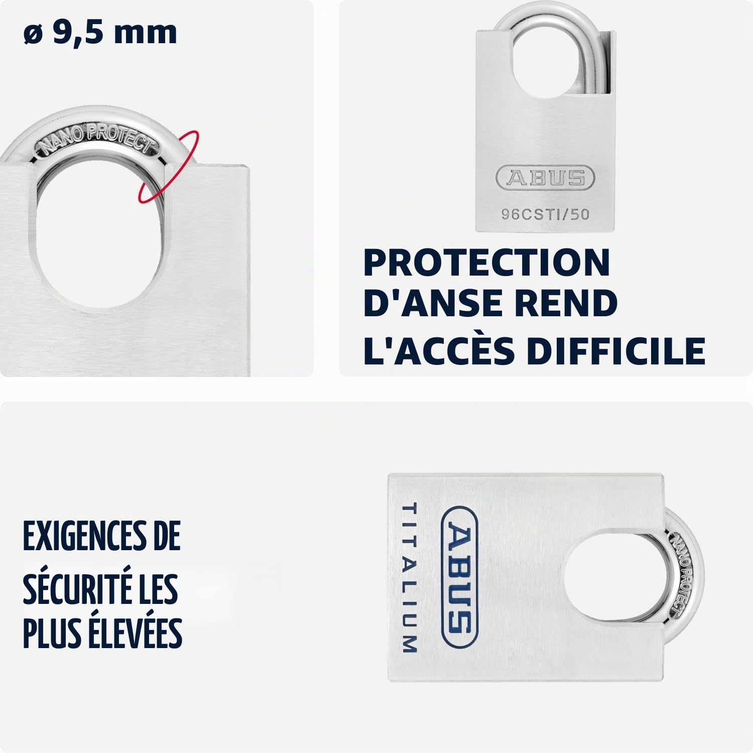 ABUS Titalium 96CSTI/50 gl.-7565 – Cadenas s’entrouvrant – Corps léger en aluminium spécial massif – Protection d’anse intégrée – Niveau de sécurité ABUS 8 – Argenté