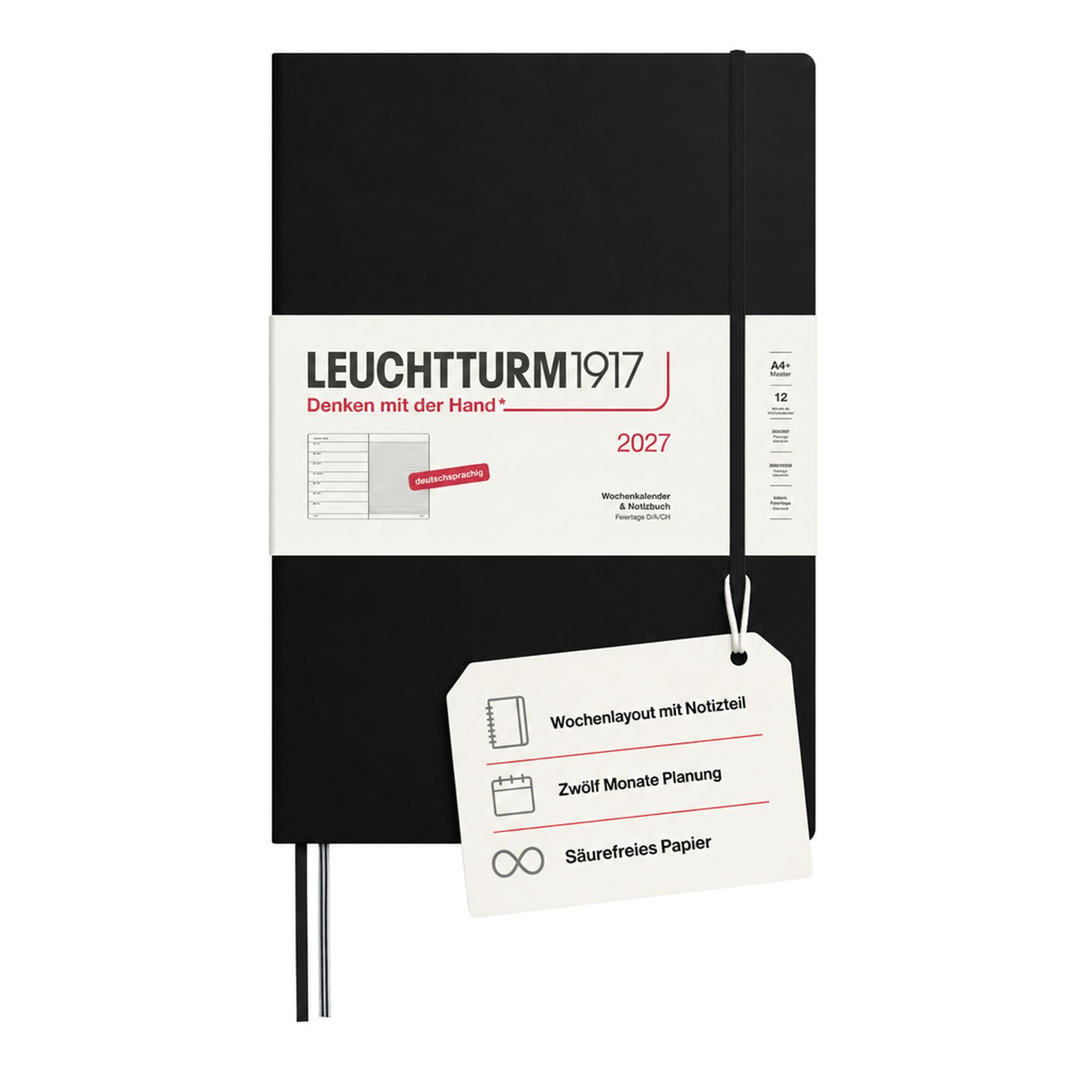 LEUCHTTURM1917 Agenda 2027 A4+ (Master) con cuaderno - Planificador alemán, negro, enero-diciembre 2027, vista semanal a la izquierda + página de notas a la derecha