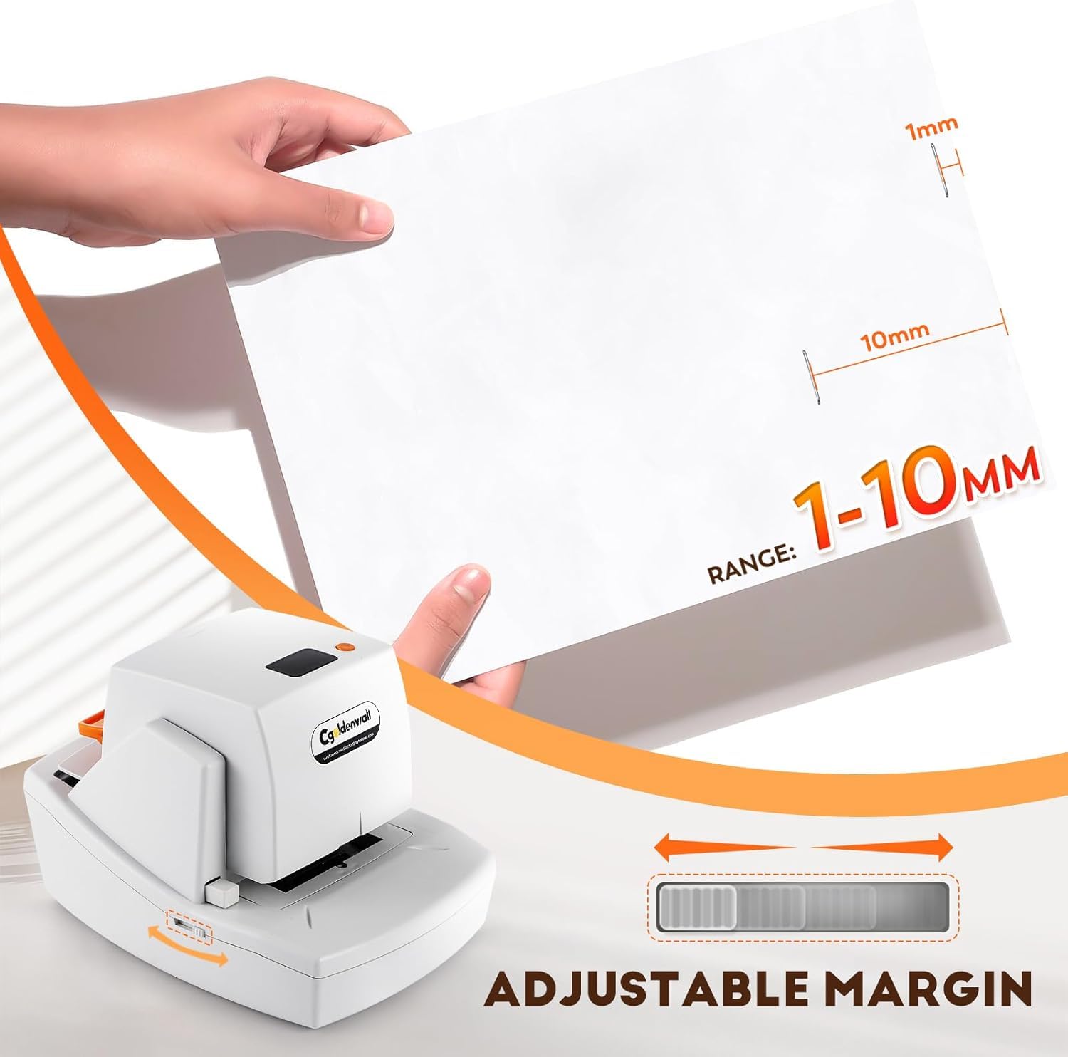 CGOLDENWALL Grapadora Eléctrica Automática de Alta Resistencia, Capacidad para 60-65 Hojas, Grapado Plano Sin Atascos, Velocidad y Margen Ajustables, Cartucho de 4000 Grapas