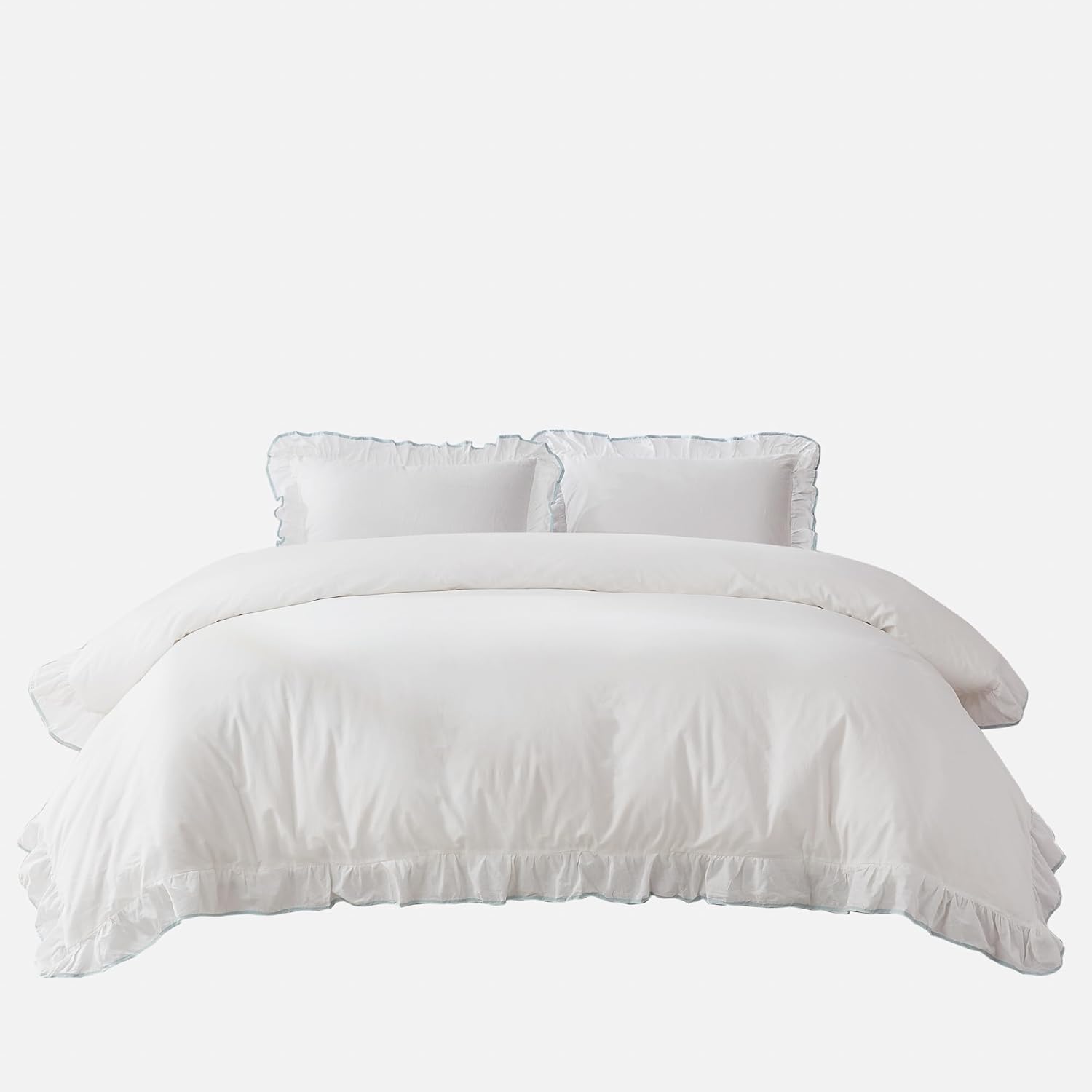 Lush Decor - Duvet Cover Set, 3-Piece Cotton Bedding with Matching Shams, Contrast Edge & Stylish Border (Reyna Off-White/Blue, Full/Queen)