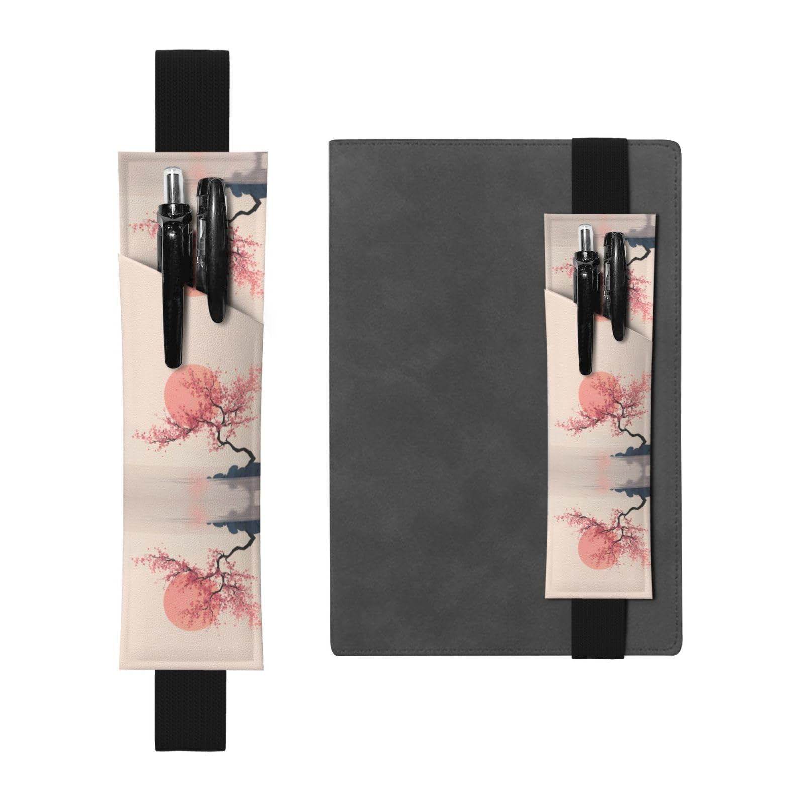 Minimalist Cherry Blossom Print Leather Pen Holder Bookmark - Premium PVC Leather Elastic Band Design for Notebooks, Journals, and Planners
